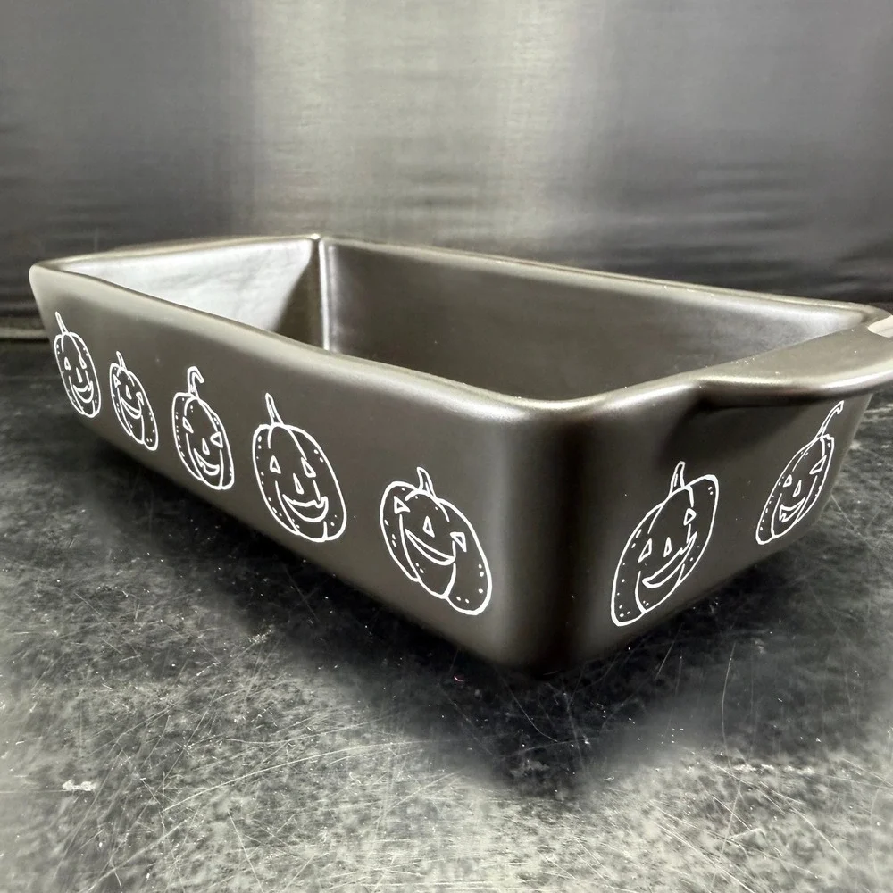 Rae Dunn Trick or Treat Halloween Loaf Pan Matte Black Pumpkin Ceramic Baker